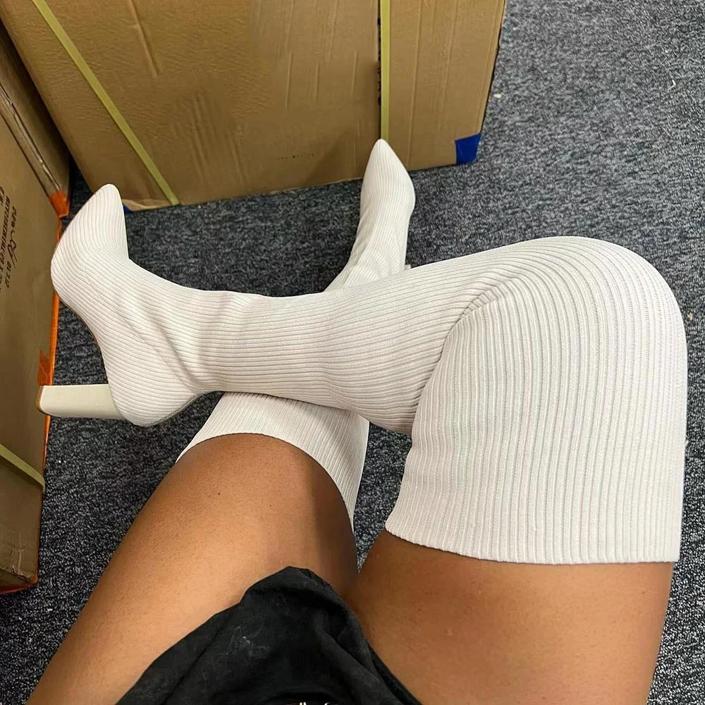 AnmaiRon Stretch Knitting Shaft Skintight Women Over Knee High Boots Block Heels Thigh High Long Booties Sexy Pointy Toe Shoes