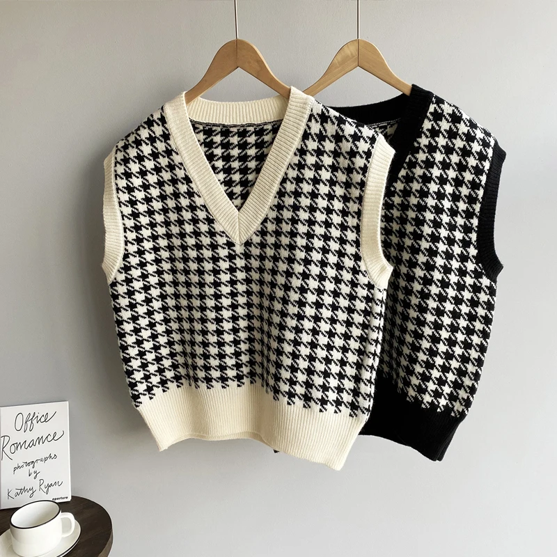 Eleganter Hahnentrittmuster-Pullover mit lockerem Strick, Herbst, V-Ausschnitt, ärmellos, dick, lässig, für Damen, schicke Tops_voghion.com