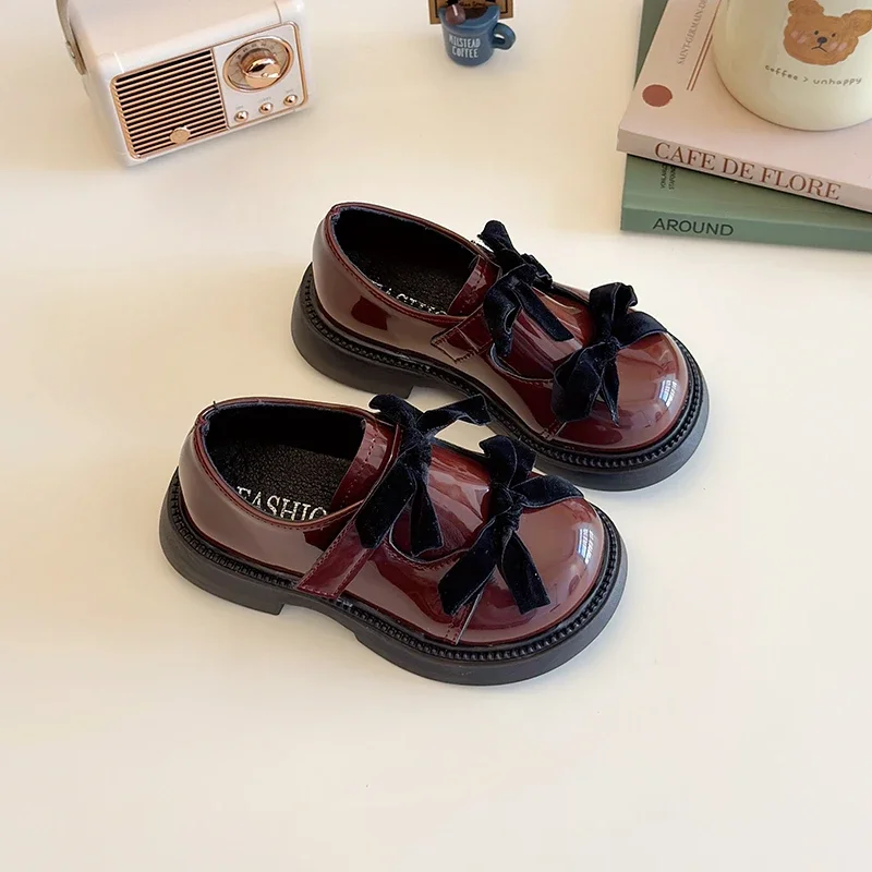 Children Leather Shoes Spring New Princess Shoes for Girls Wine Red Versatile Kids Fashion Wedding Party Mary Jane Glossy