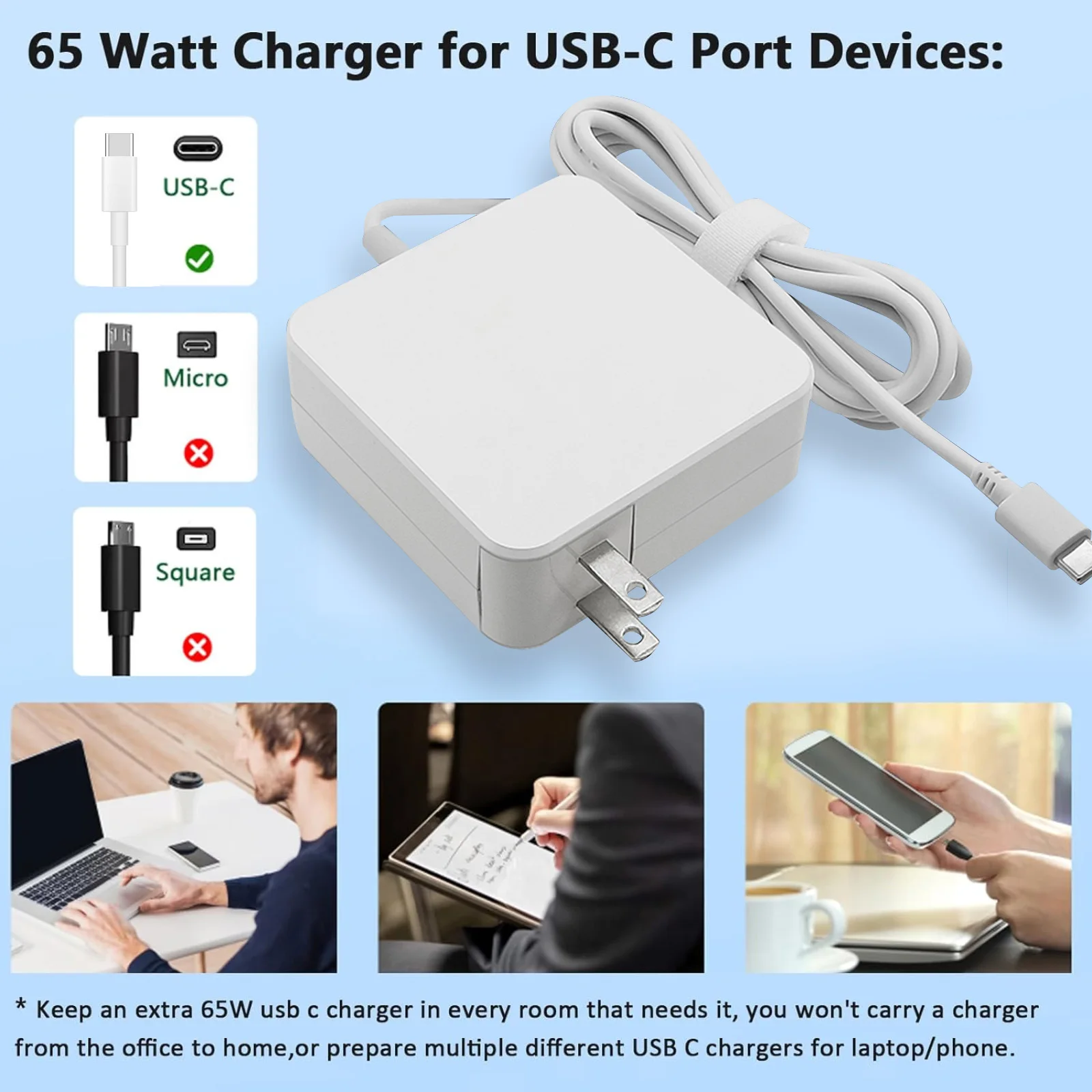 USB C Laptop Power Adapter 65W PD Wall Charger For MacBook Dell Lenovo Huawei HP Notebook