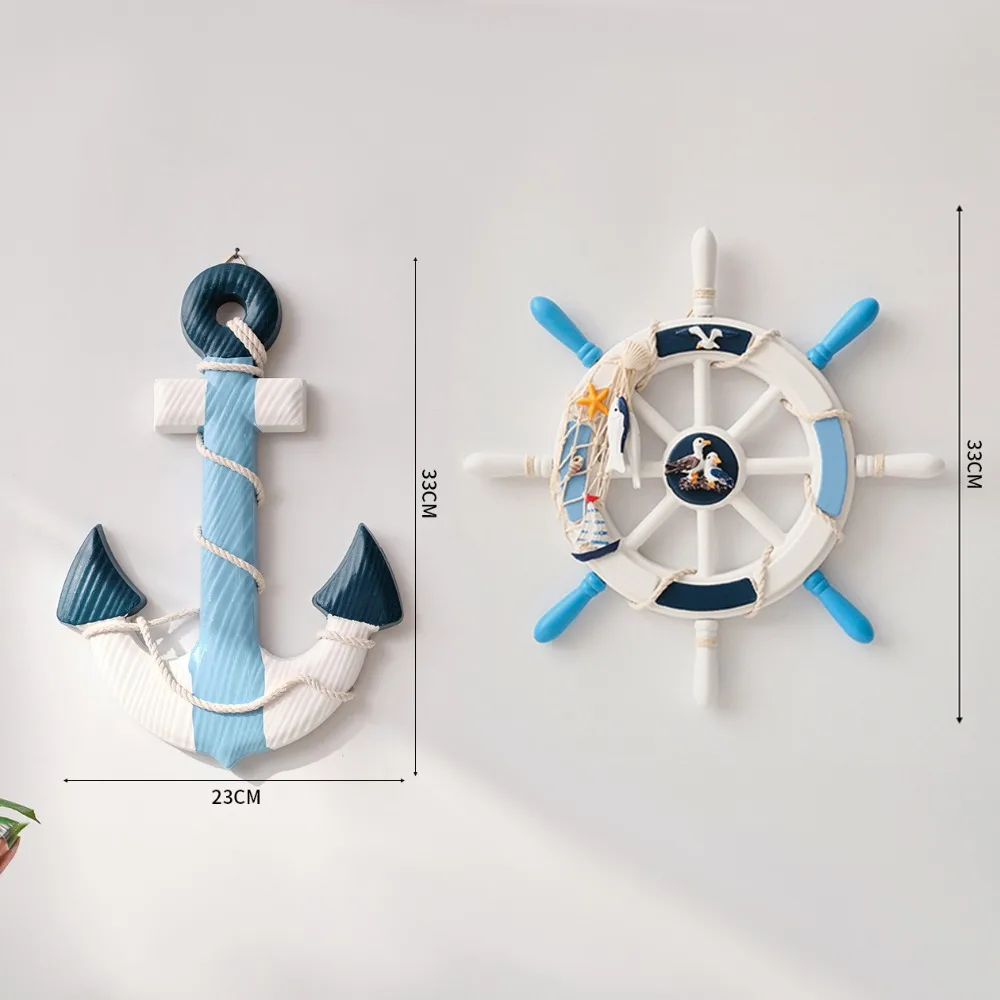 Timone e ancora per nave in legno nautica da 2 pezzi con corda, decorazione da parete per porta, ornamento da appendere, decorazione per la casa a tema spiaggia - immagine 3