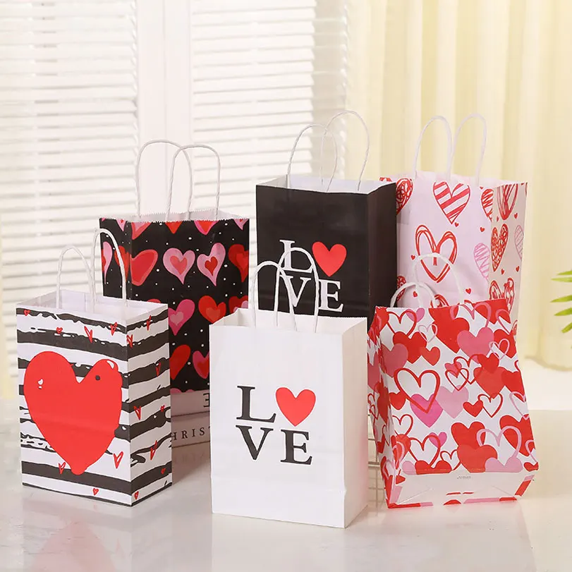Gift Bags Bulk With Love Heart Print Premium Kraft Paper Bags With