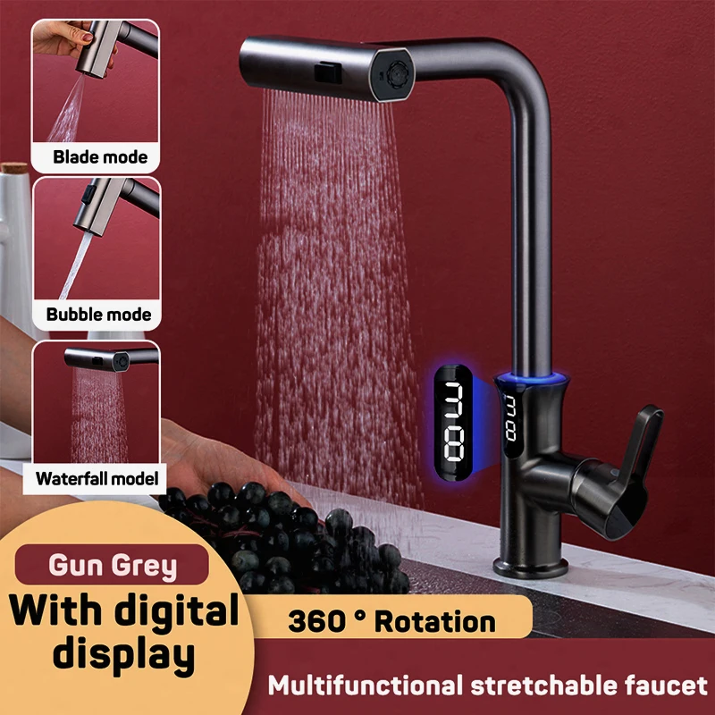 

Waterfall Digital Display Basin Faucet Pull-Out Kitchen Faucet Temperature & Countless Displays Stainless Steel Tap, for Sinks