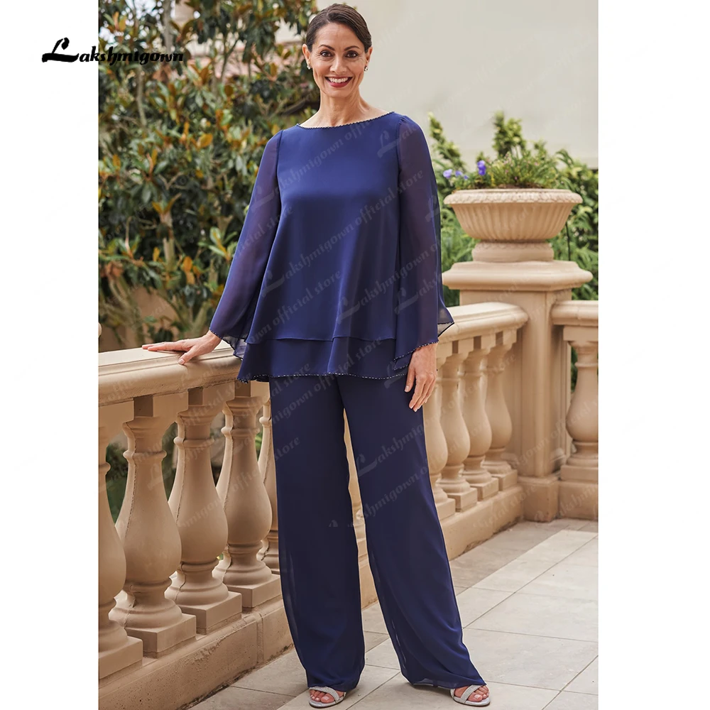 Jewel Neck Layered Chiffon Poncho Top and Wide Leg Pant Suit Blue