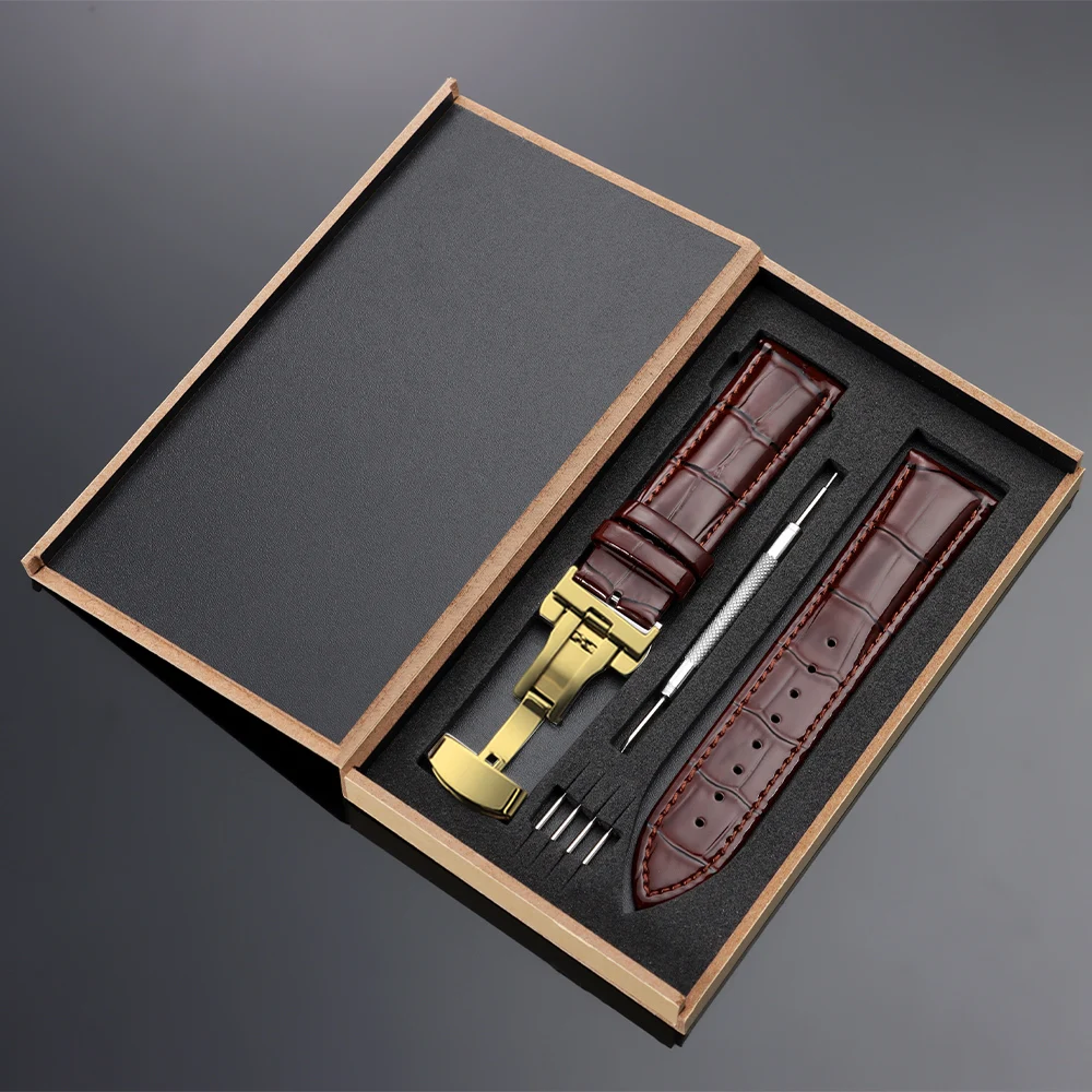 Vintage Leather Watch Band with Wooden Box and Butterfly Clasp