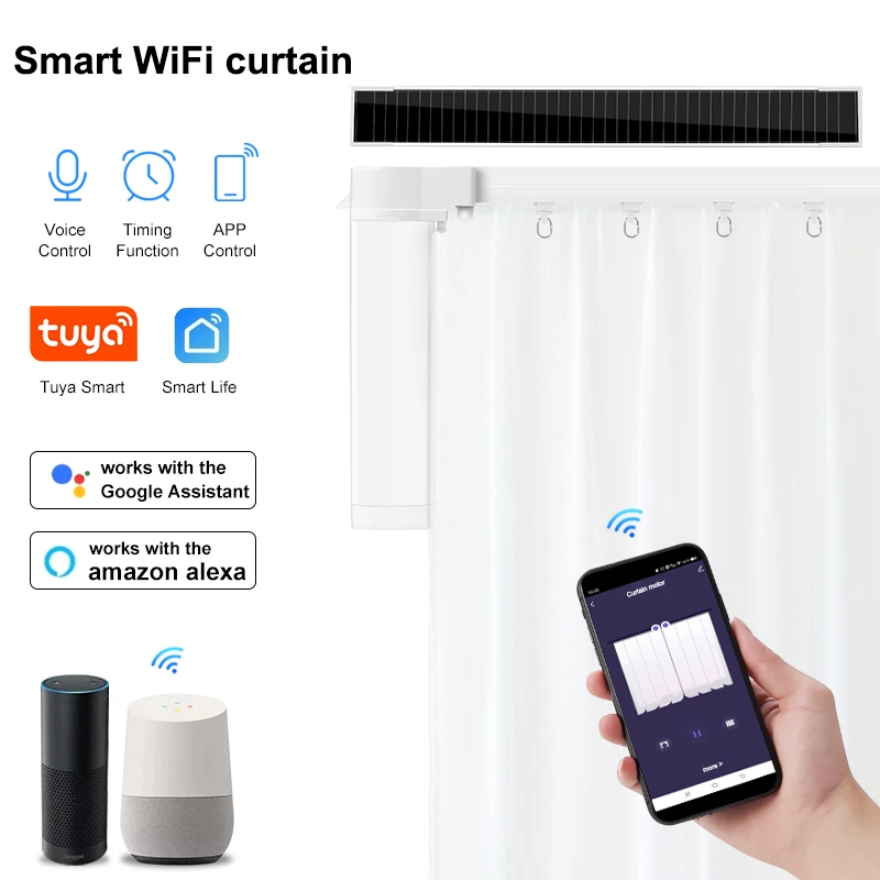 

Solar Powered Tuya Zigbee Smart Home Electric Curtain Support Alexa Google Voice Remote Motor Customization Track Size 4000mA