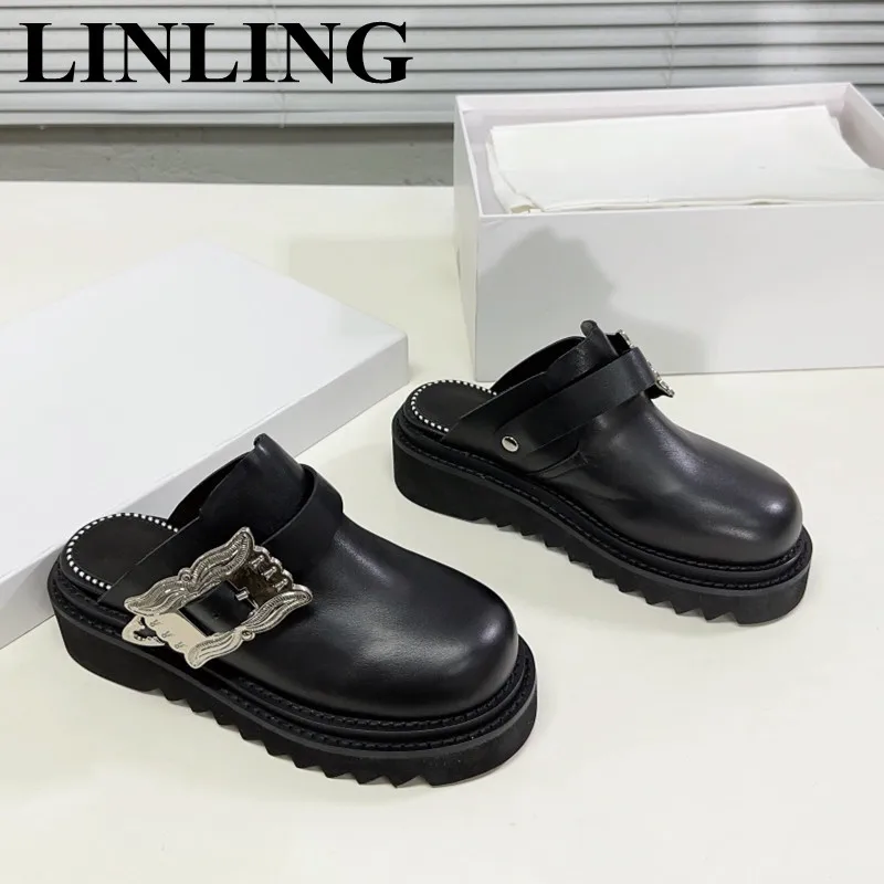 

Summer Women Slippers Platform Metal Buckle Punk Style Black Leather Round Toe Mules Casual Party Shoes Female Outdoor Slides