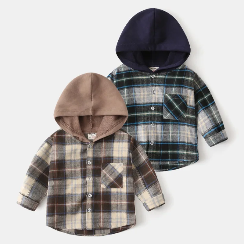 Autumn children's clothing long-sleeved shirts boys' hooded plaid shirts baby tops kids costumes