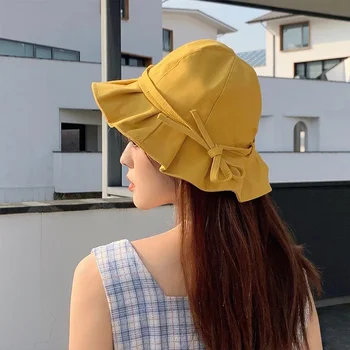 New Cute Fisherman's Hat Summer Solid Color Women's Korean Versatile Japanese Sun Hat Sunshade Sweet Cute Bow Hat Trend Gifts