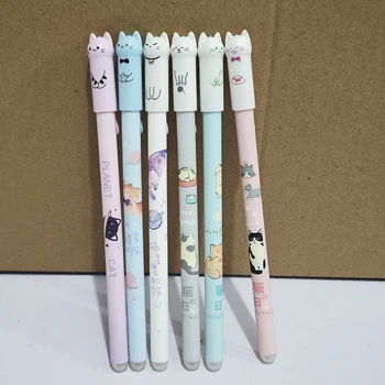 Set di 6 penne gel Kawaii a tema coda di gatto, 0,5 mm, inchiostro blu cancellabile, regalo ideale per cancelleria per studenti e insegnanti