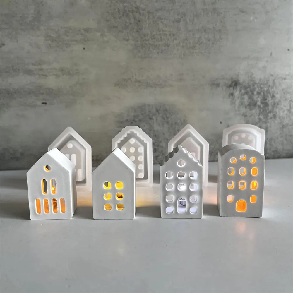 4pcs House Candle Holder Silicone Mold Houses Candlestick Ornament Plaster Molds Tealight Holder Mold Resin Casting Mold