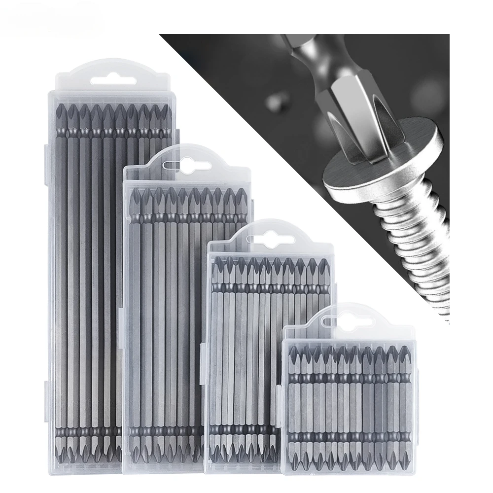 Magnetic Screwdriver Bit Set 10Pcs 65-200mm Double-End Screwdriver Head Bits S2 Steel Ph2 Cross Bit Strong Magnetic High Hardness Torque Batch Head Sets