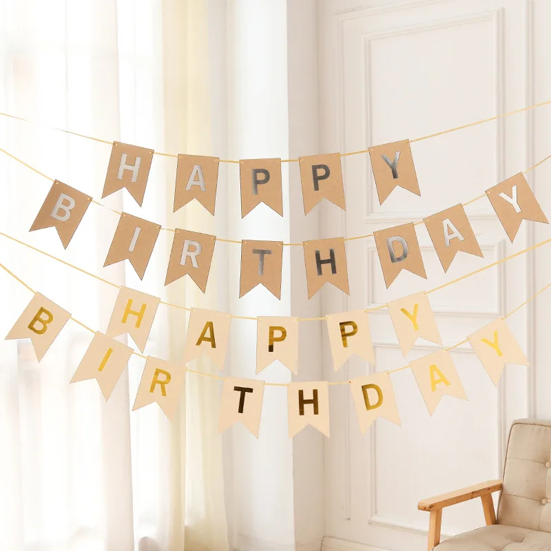 

Kraft Paper Happy Birthday Banner party Bunting Garland Banner Flags set Baby Shower One Year first Birthday decoration Supplies