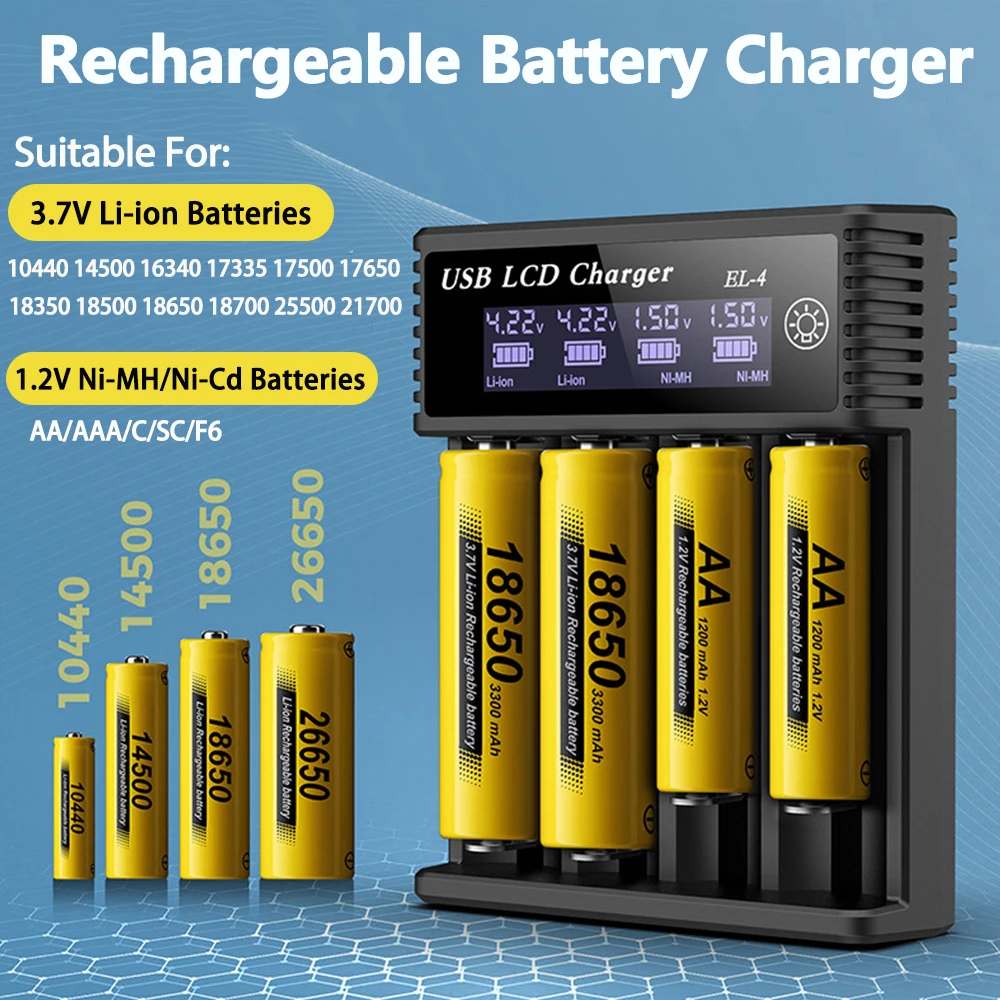 Chargeur de batterie multiport USB intelligent pour piles rechargeables, câble USB branché et voyants lumineux