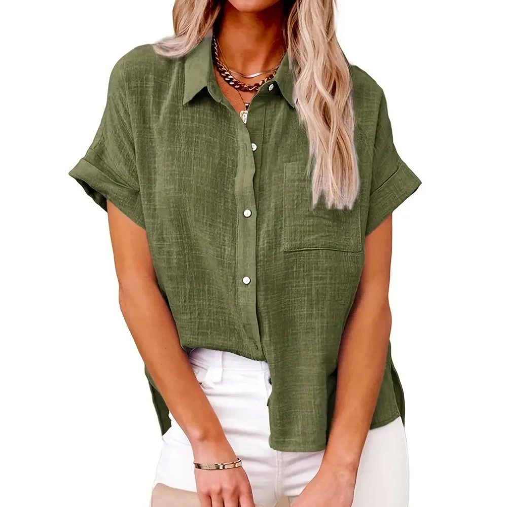 Spring And Summer Shirt Lapel Cotton And Linen Pocket Short-sleeved High-Quality Solid Color Top Buttoned Women's Refreshing