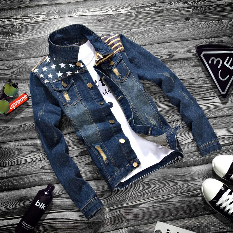 Wholesale 2020 Men's spring jacket men's Korean USA Flag printed hole lapel denim jacket hombre men's denim jacket men clothing