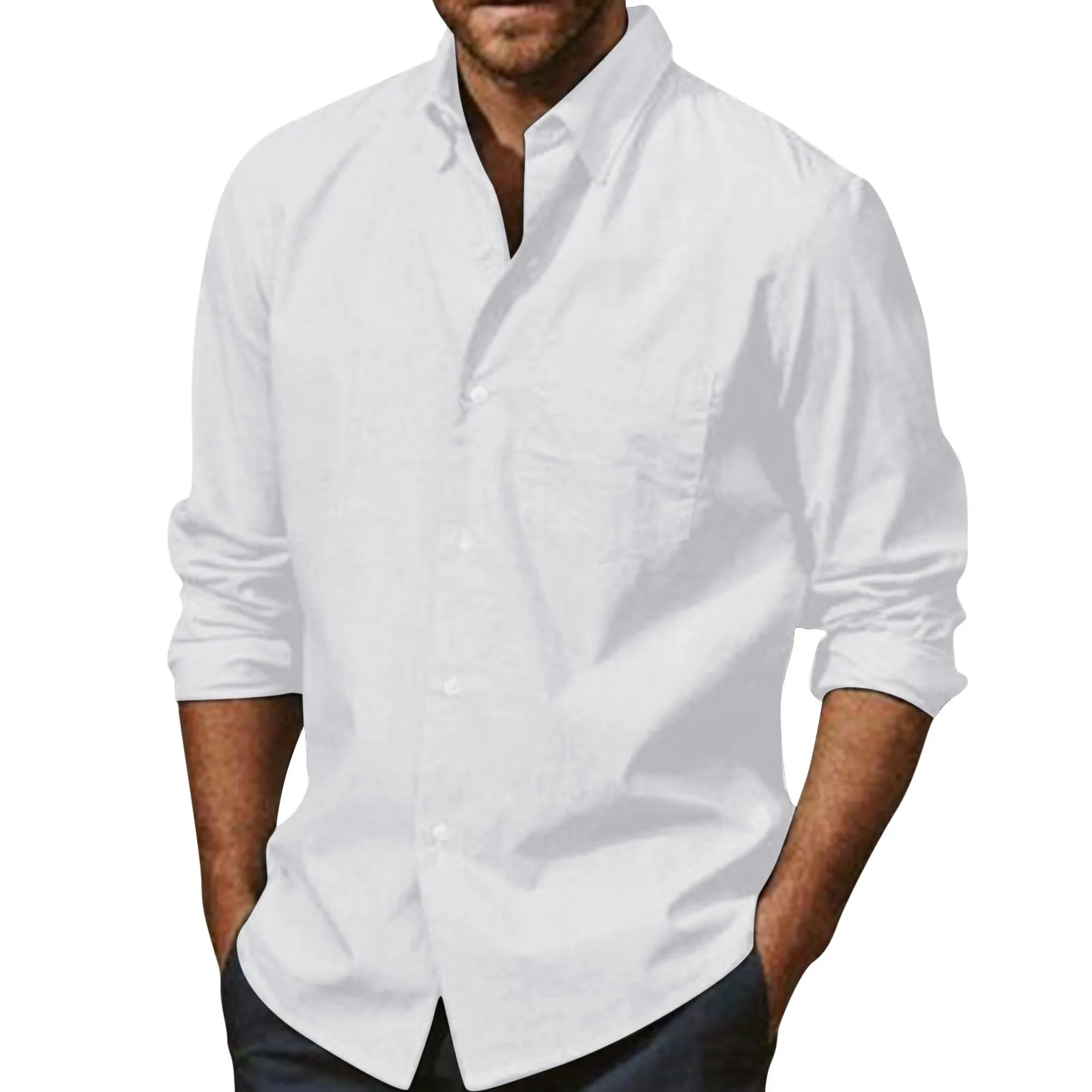 

White Shirts Mens Spring Summer Cotton Linen Button Long Sleeve Summer Beach Shirts Vintage Clothes Beach Shirts Male Camisas