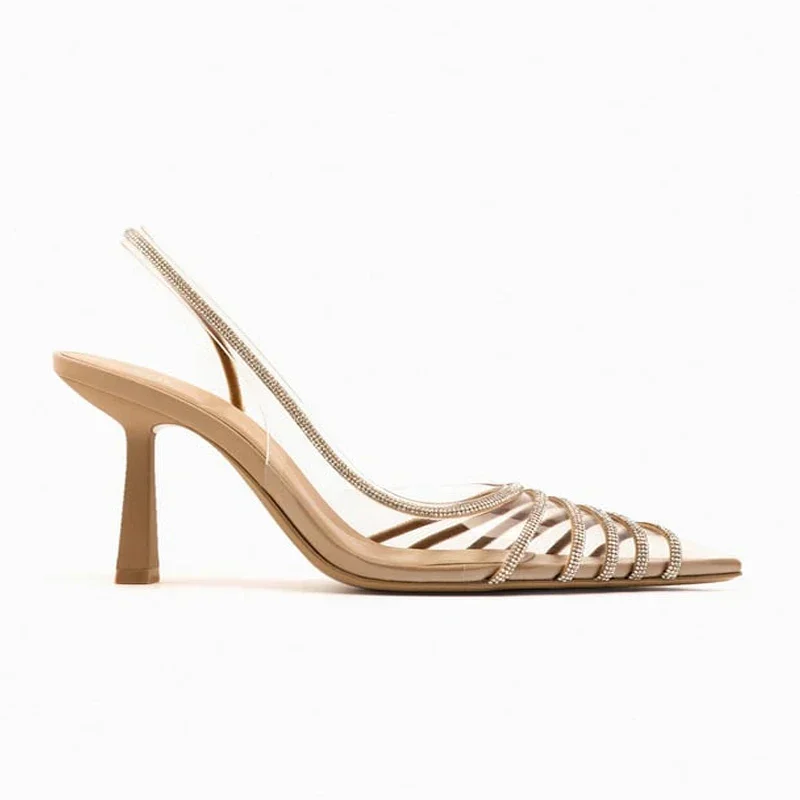 Summer Women's Shiny Rhinestone Pointed End High Heels Sandals Fashion Transparent PVC Woman Pumps Sexy Slingback Woman Shoes