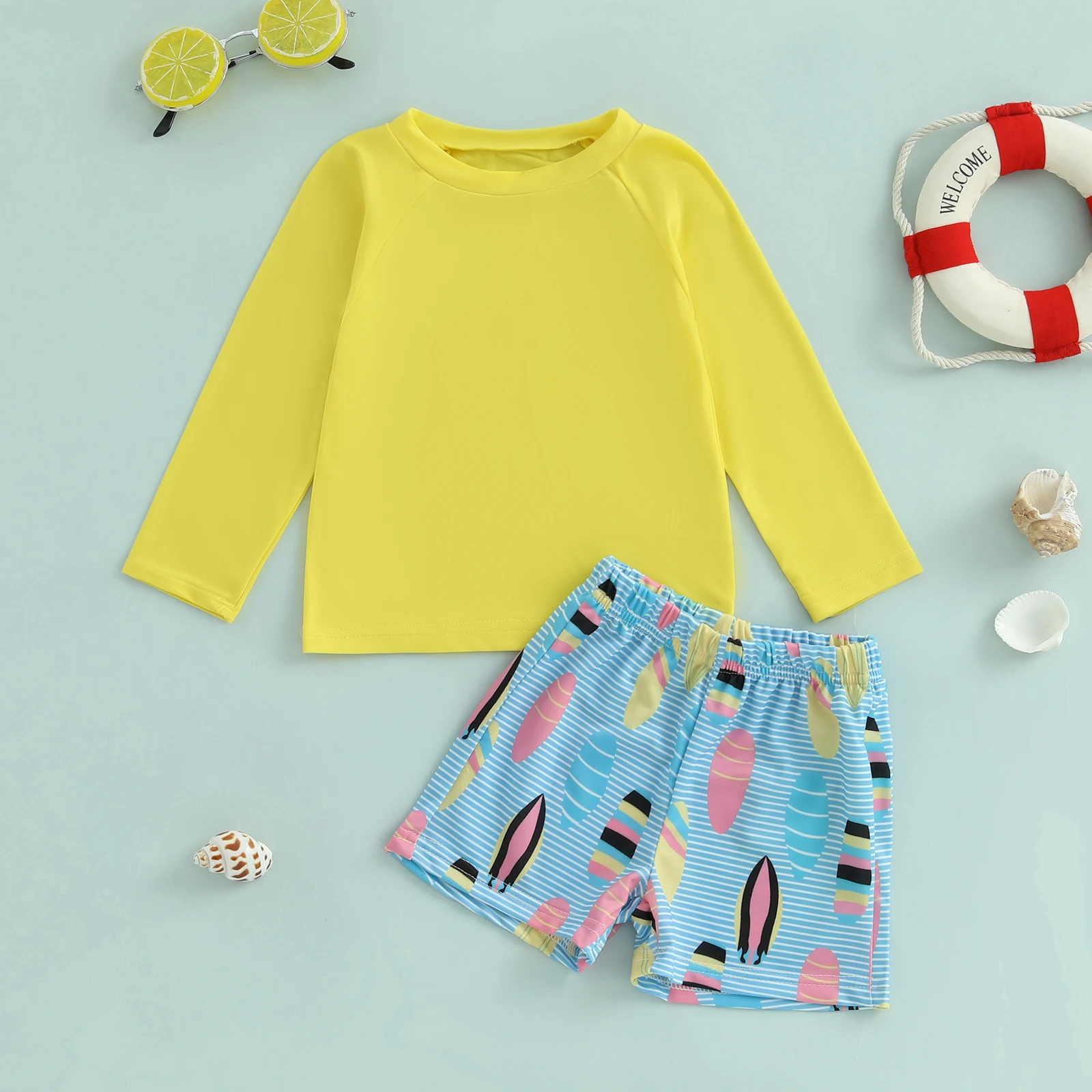 FOCUSNORM 0-3Y Summer Infant Baby Boys Rash Guard Swimsuit Solid Color Long Sleeve Round Neck Tops with Turtle Print Shorts