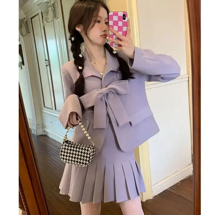 Women Skirt Sets Lace Up Bow Tie Blazer+High Waist Pleated Skirt Solid Color Temperament Sweet Commute Two Piece Lady Clothing