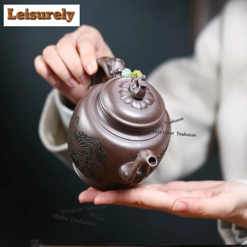 430ml Yixing Purple Clay Teapot Handmade Phoenix Pot Raw Ore Wood-fired Porcelain Mud Tea Maker Kettle With Strainer Zisha Tea