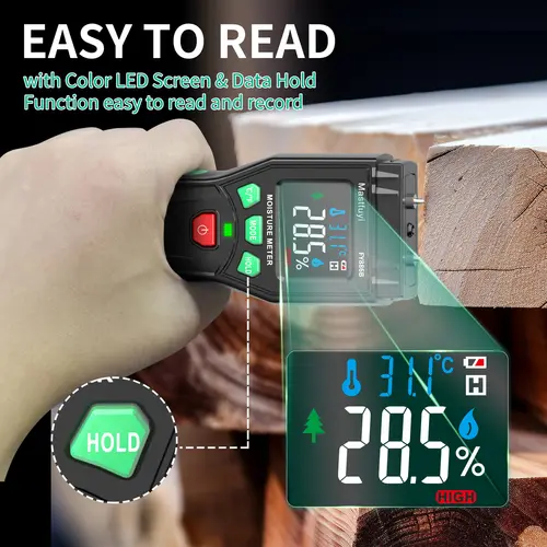 MASTFUYI Universal Wood & Building Moisture Meter 0-60% Range with Color LED Alert for Hardwood Softwood Drywall Concrete Lumber - Image 6