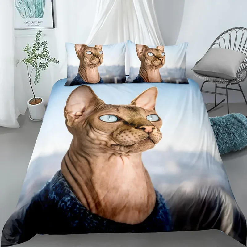 Sphynx Cat King Queen Duvet Cover Lovely Pet Kitty Bedding Set for Kids Teens Adults Animal Grey 2/3pcs Polyester Quilt Cover