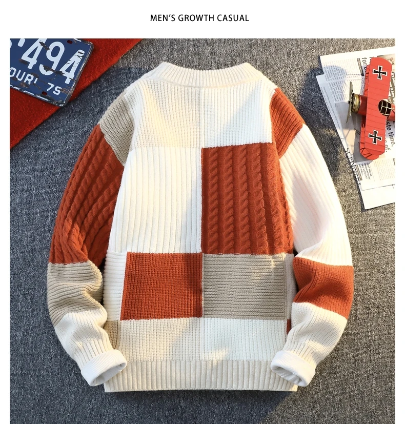 Men's Knit Sweater - Autumn Winter Plaid Patchwork Pullover | Thick Round Neck Casual
