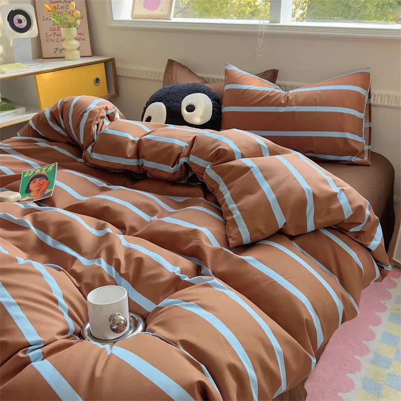 

Brown Stripe Bedding Comforter Set Pillowcase bed sheet Single Full Size Bed Linen Duvet Cover Set Queen/King Double Single Bed