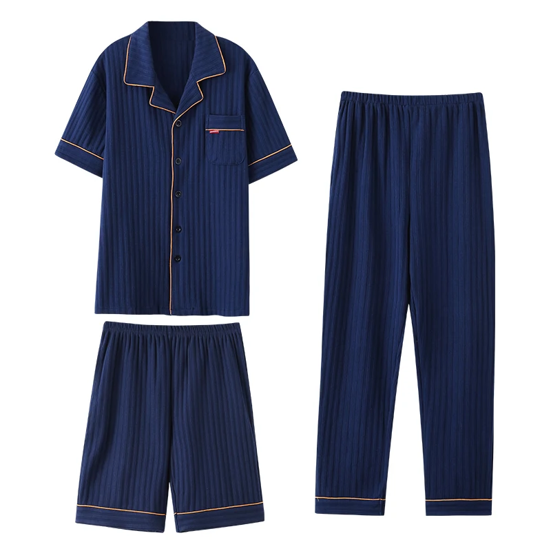 3PCS/Set Male Nightwear Suit Summer Short Sleeve Pajamas Striped Homewear Men Big Yards4XL Cotton Pijama