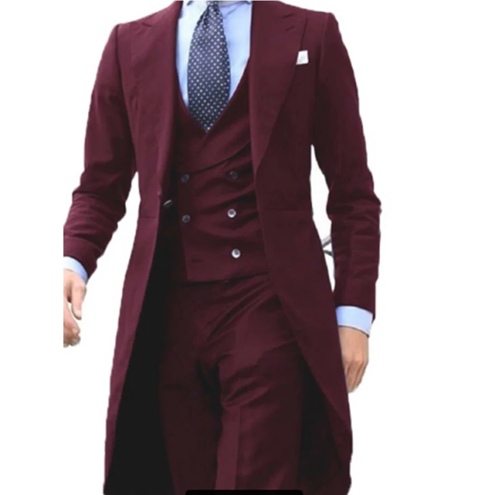 Mens Suit Long Coat Designs Chinese Red Men Suit Gentle Tuxedo Prom Blazer 3 Pieces (Jacket + Vest + Pants)