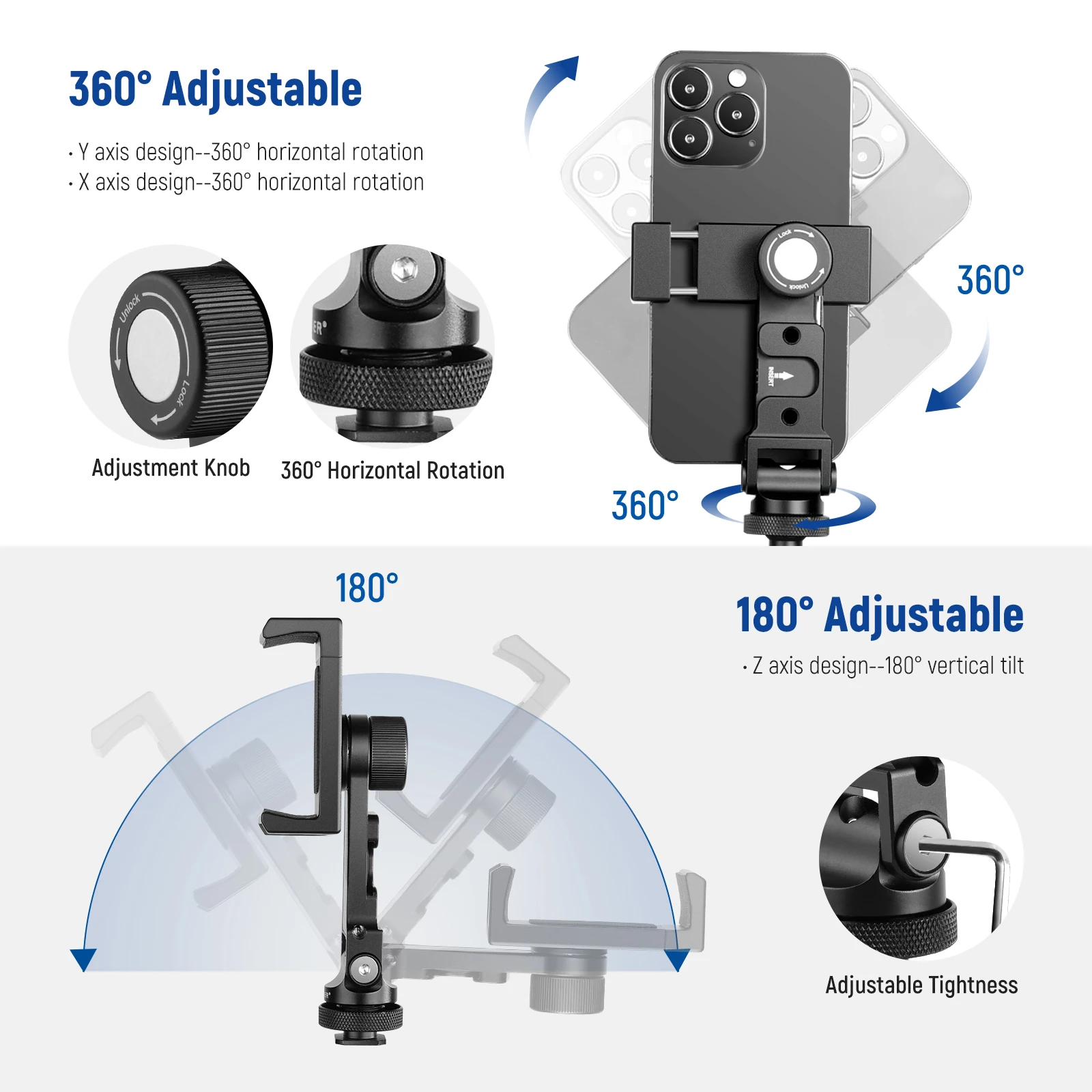 Adattatore Smartphone Per Treppiedi - Supporto Rotazione 360° Per Foto E Video - Foto 8
