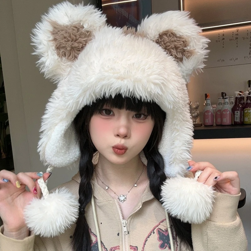 

Korean Bear Cartoon Cute Plush Hat Women Warm Ear Protector Pullover Cap Winter Lace-up Hairball Imitation Mink Bomber Hats