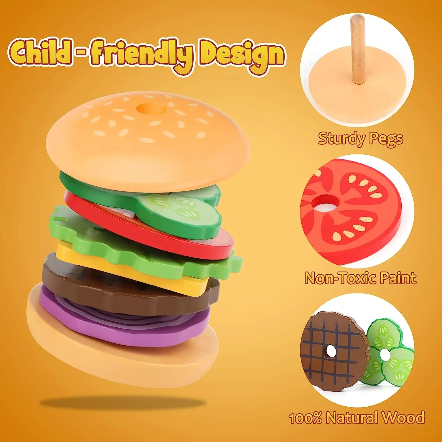Wooden Hamburger Stacking Toys Montessori Kid Preschool Educational Toy Color Shape Cognition Matching Kitchen Toys For Children
