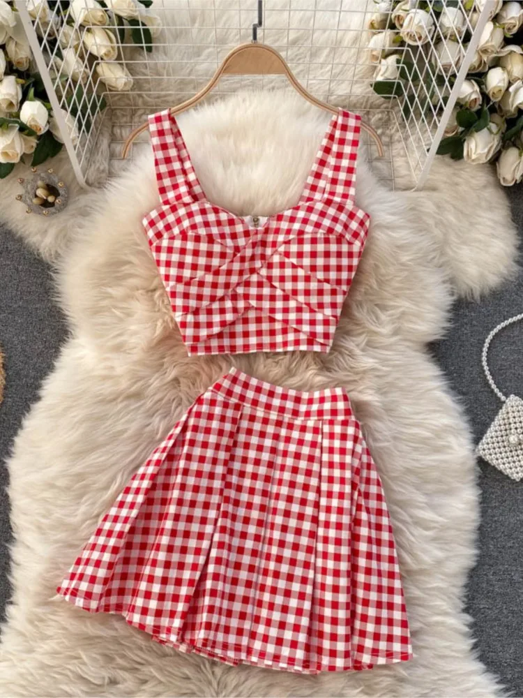 Women Vintage Skirt Two Piece Set Plaid Sleeveless Tops A-Line