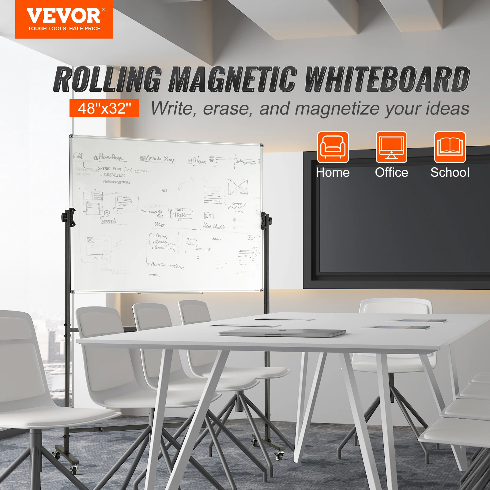 VEVOR Rolling Whiteboard 48x32 inch Double-Sided Magnetic Mobile Whiteboard 360&deg; Reversible Adjustable Height Dry Erase Board