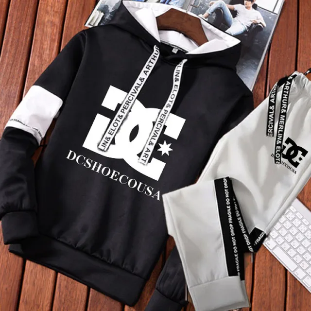 2022 Newest Fashion Tracksuit Men's Long Sleeve Hoodie + Sports Pants Set Pullover Sweater Tops and Jogging Pants Casual Outfit black white