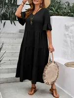 2024 Spring and Summer Amazon Europe and America New V-neck Splicing Multi color Multi size Long Swing Dress Plus Size - Image 5