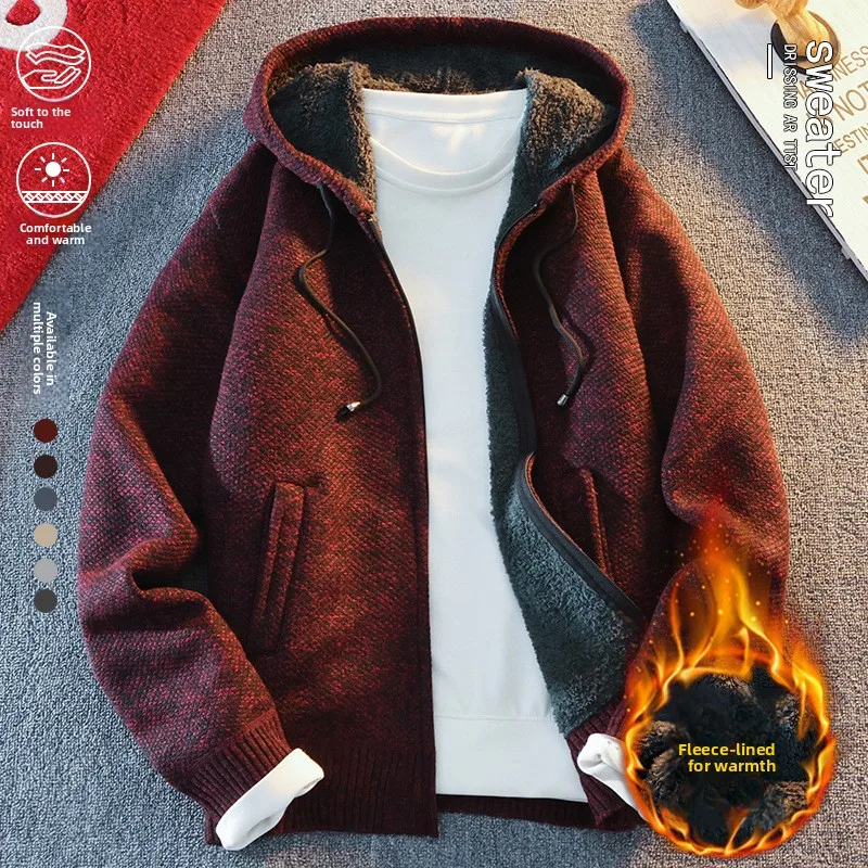 Men's Fleece Lined Thickened Open Cardigan Hooded Knitted Sweater Youth Zipper Outdoor Warm Jacket Coat Casual Fashion Urban ...