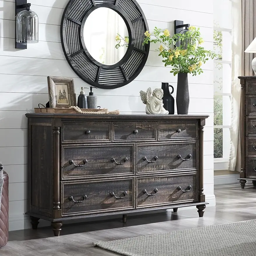 

Farmhouse 7 Drawers Dresser Chests for Bedroom w/ 4Solid Wood Feet & Column Decor,Tall Wide Wood Country Rustic Chest of Drawers