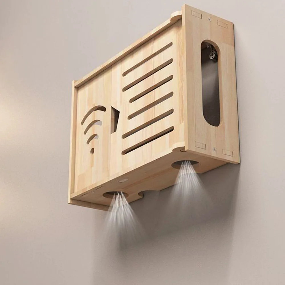 Wall-Mounted Storage Box Home Wall-Mounted WiFi Router Organizer Wooden Hanging Cable Management Multifunctional Storage Case - 4