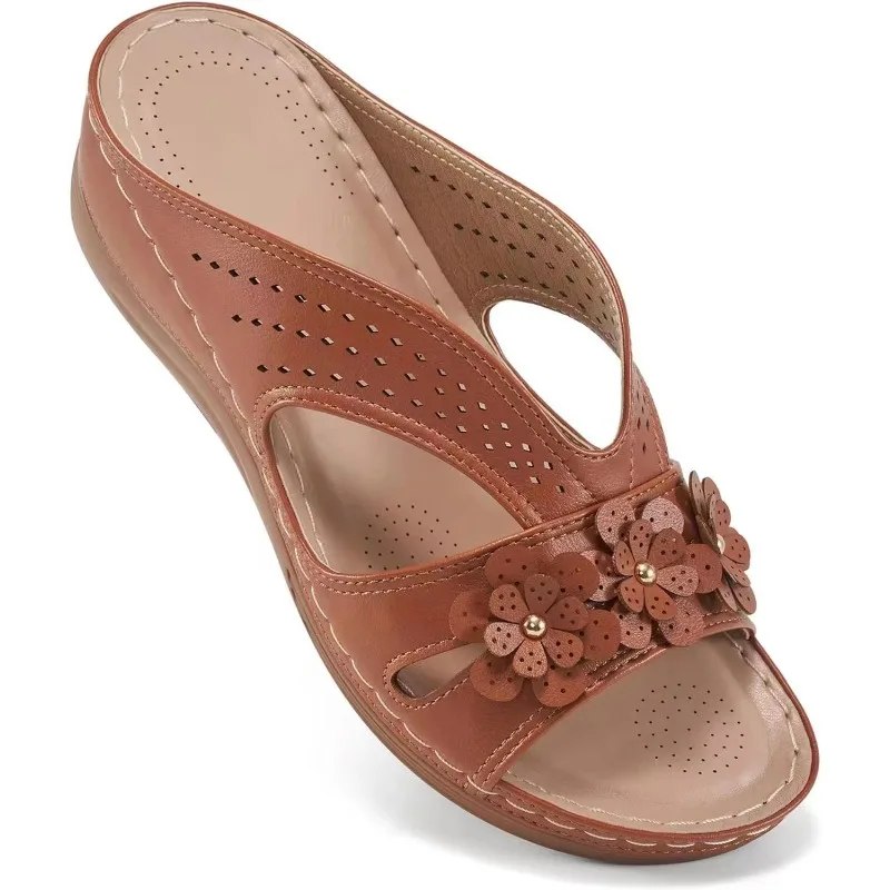 Woman 2024 Trend Women's Slippers Casual Flower Hollow Wedge Beach Shoes Outdoor Fashion Platform Comfortable Non-slip Sandals