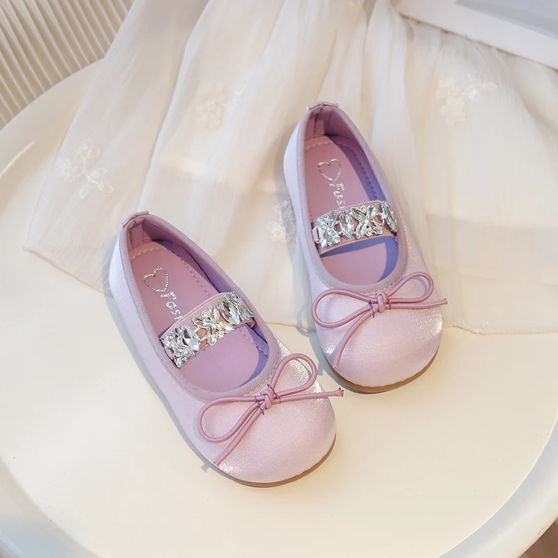 Girl Princess Shoes Purple Beige Crystal Elegant Spring Ballet Flats Bowtie Elastic Band Round Toe 23-34