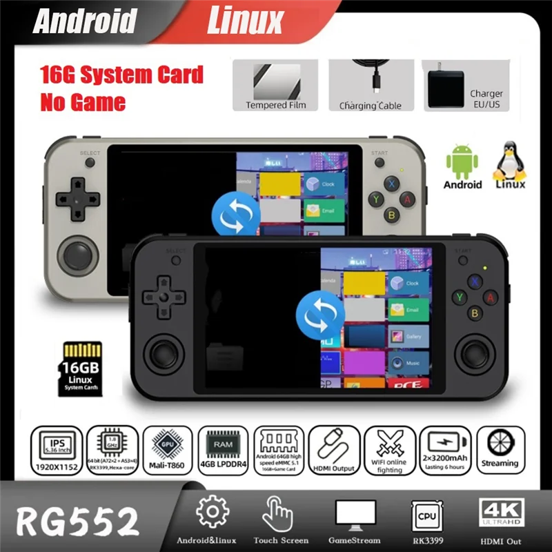 RG552 Retro Video Game Console 5.36 Inch IPS 1920X1152 16G Dual Systems Android Linux (A, US Plug)