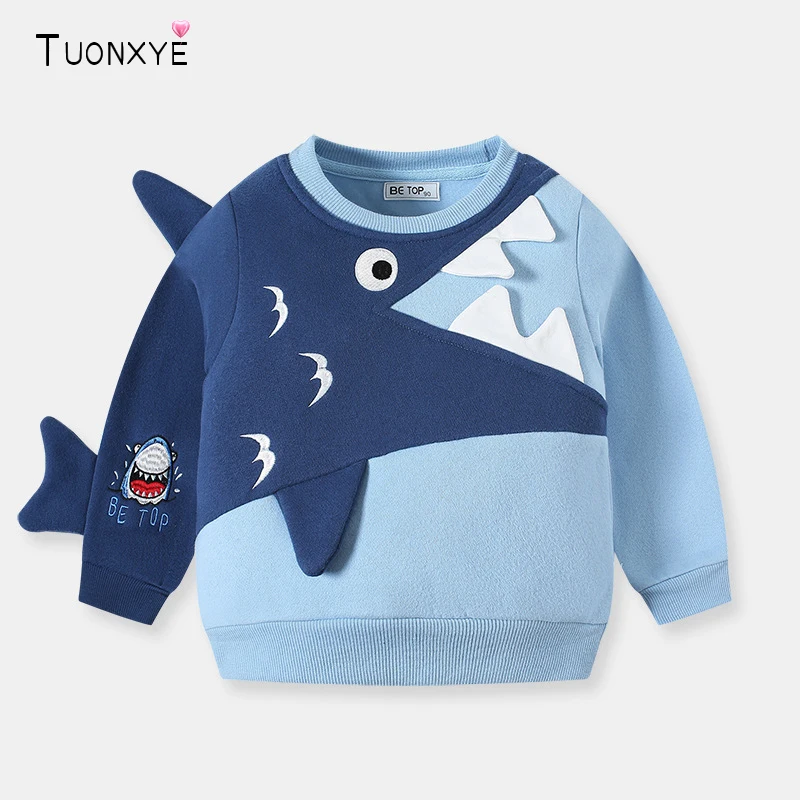 Children Sweater Children Sweatshirt Toddler Sweatshirt Children Top TUONXYE Winter Boys Long Sleeve Sweatshirts Velvet Cute Cartoon Shark Embroidery Soft Cotton Baby Children's Pullover Clothes
