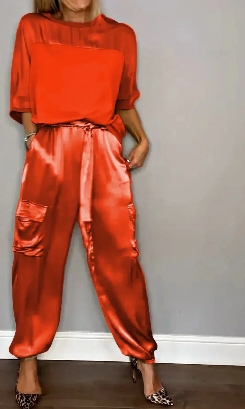 Summer Fashion Solid Satin Two Piece Set Women Round Neck Long Sleeved Top Long Pants Casual Loose Two Piece Set Women
