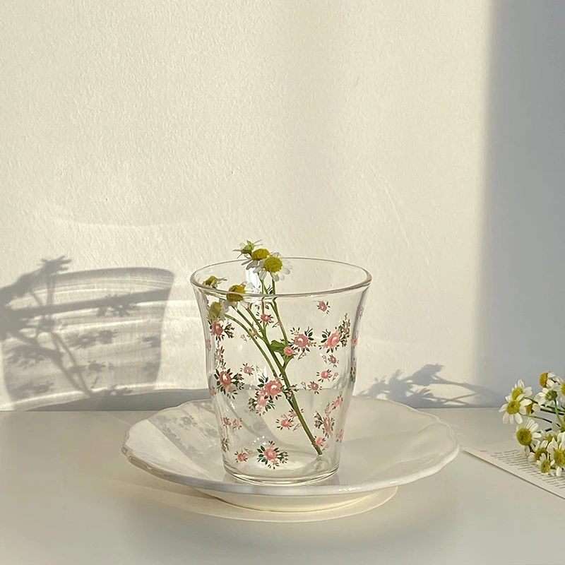 Glass Cup Rose Printed Milk Coffee Cups Household Couple Water Mug Teacup Heat Resistance Thicken Drinkware