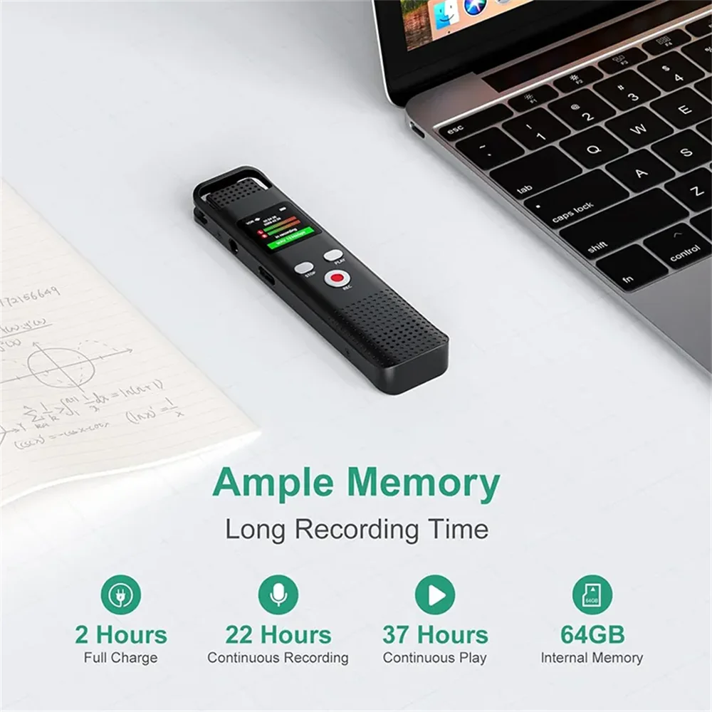 V02 64GB 0.85inch Screen Digital Voice Recorder with Noise Reduction 1536 Kbps HD Recording Voice Recorder for Lectures Meetings