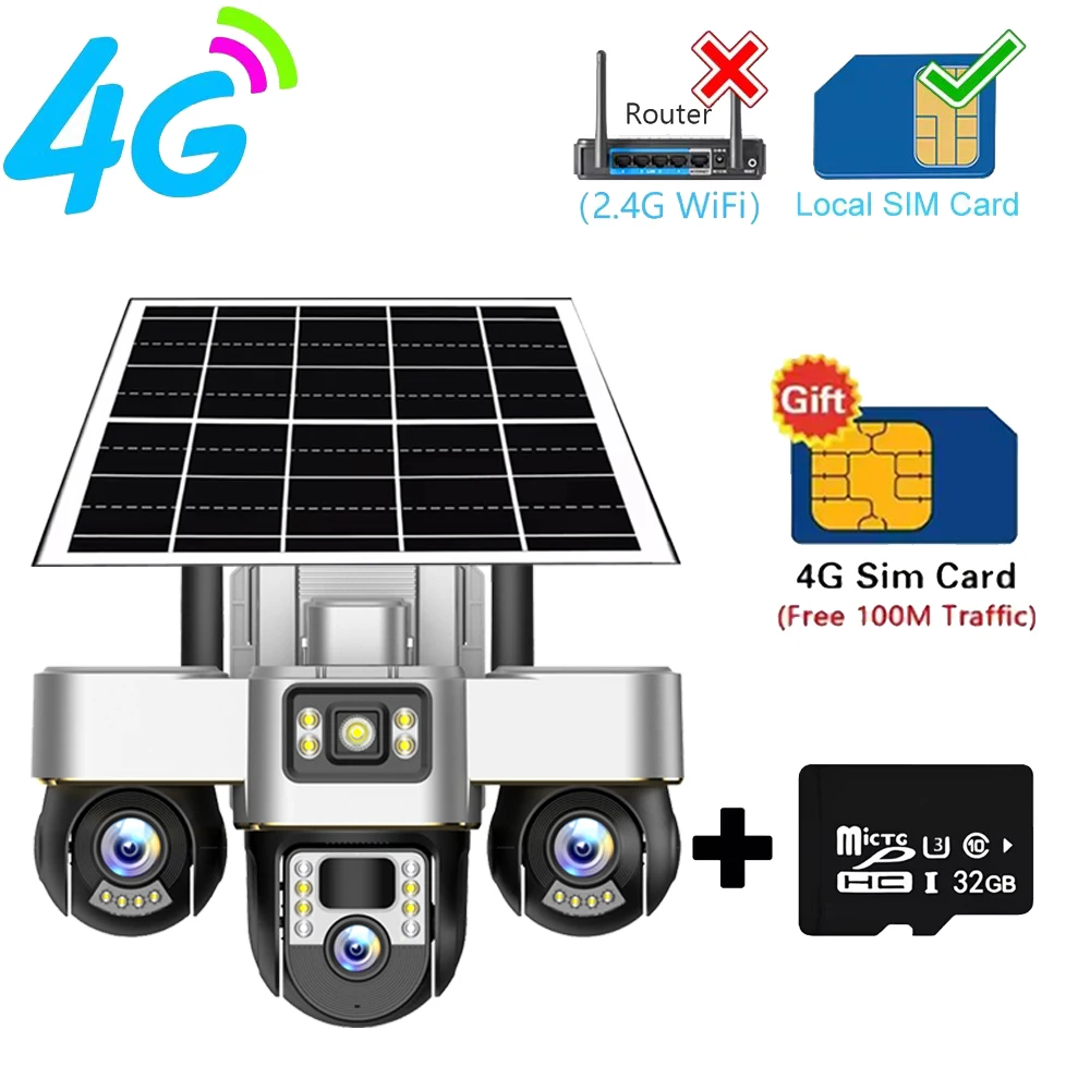 4G Solar Camera 3 PTZs Solaire Power PTZ Remote Control Rotation Surveillance Monitor CCTV Outdoor Waterproof Security Cameras