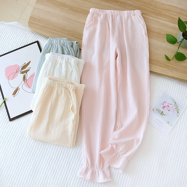 Cheap New summer ladies 100% cotton crepe solid color shorts multicolor  loose casual home pants women pajama pants lounge pants pink | Joom